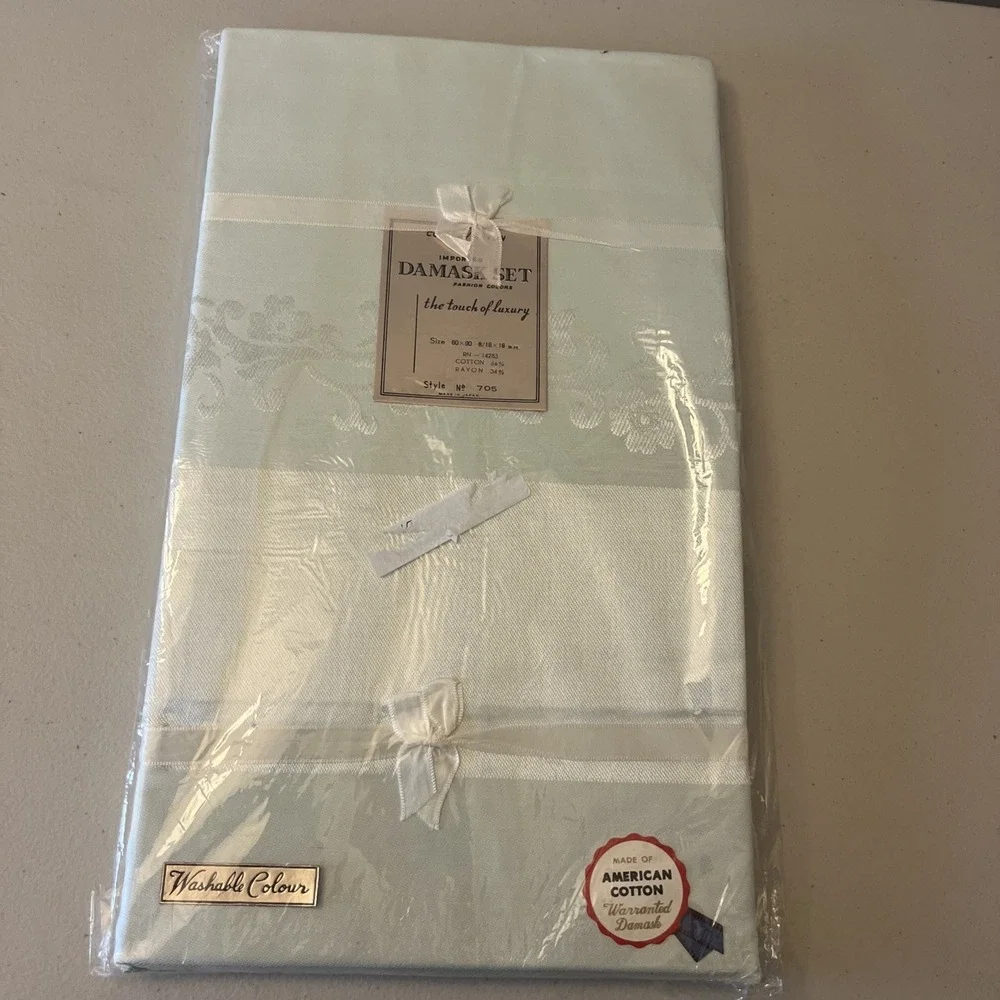 Imported Damask Set Aqua Floral Scroll Cotton‎ Rayon Tablecloth Napkin Set #705